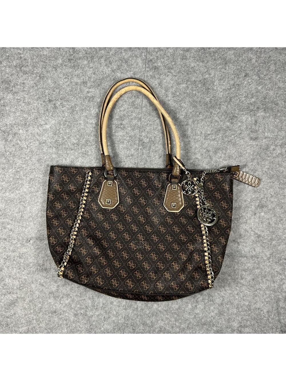 Vintage Guess Y2K Monogram Chain Tote Bag Brown Cheetah Print Interior